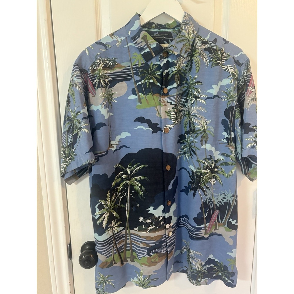Tommy Bahama Men L NWOT 100% Silk Hawaiian Camp Shirt Original Fit Blue Surf
